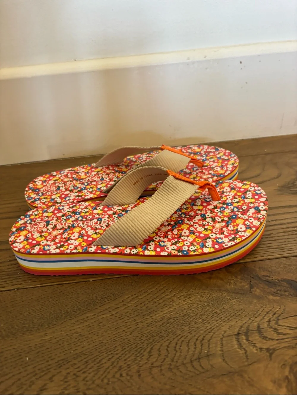 Womens Floral Stripe Platform Flip Flop - Beige & Orange